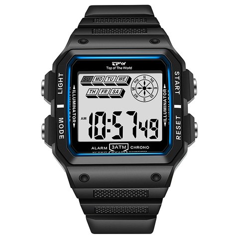 Shock Resistant Watches 3ATM Waterproof Alarm Chrono Rectangle Dial Canlender Black Light Tough Structure ► Photo 1/6