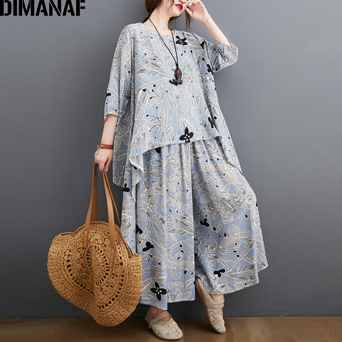 DIMANAF Plus Size Sets Suit Women Clothing Vinatge Print Elegant Lady Tops Shirt Cotton Loose Long Pants Female Sets Suit Summer ► Photo 1/6