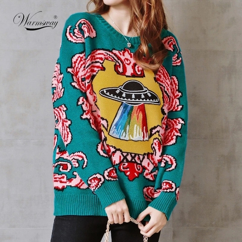 Women New Vintage Warm Thicken Sweaters UFO Clouds Jacquard Pullovers Winter Autumn Knitted Retro Loose Tops Blusas C-012 ► Photo 1/6