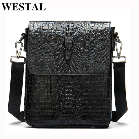 WESTAL men's shoulder bag for men genuine leather crocodile pattern vintage crossbody bag for men flap zipper messenger bag 8857 ► Photo 1/6