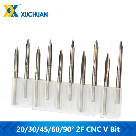 10pcs 20/30/45/60/90 Degrees CNC V Bit Carbide End Mill 2 Flutes V Shape Engraving Bit 3.175mm Shank End Milling Cutter ► Photo 1/6