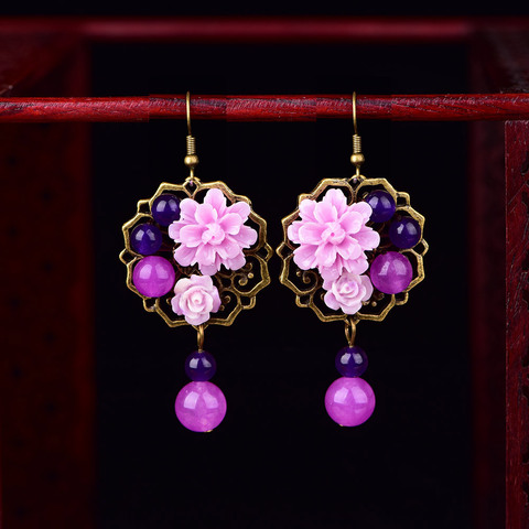 Retro Ethnic Style Violet Synthetic Flower Eardrop Vintage Bronze Color Alloy Personal Earrings Women Party Jewelry Gift Classic ► Photo 1/6