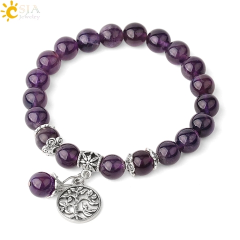 CSJA Natural Stone Strand Bracelets Single Color Crystal Beaded Tree of Life Charms Bracelet Healing Energy Female Jewelry G422 ► Photo 1/6