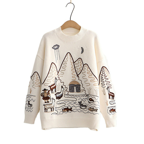 Women Sweater Korean College Style Cartoon Embroidery Winter Knitted Pullovers Loose Long Sleeve O-Neck Jumper Mujer Tops ► Photo 1/6