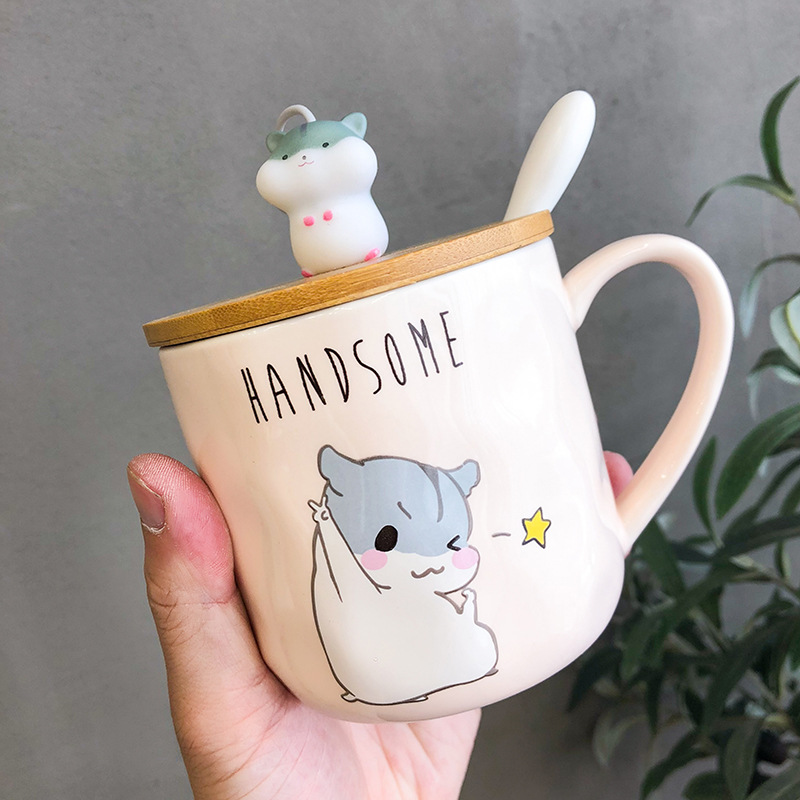 301-400ml Cute Pink Hamster Mug Creative Cartoon Ceramic Coffee Cup with  Spoon Cute Personality Mug Office Milk Tea Breakfas Cup
