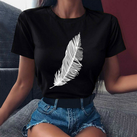 2022 Women Casual Harajuku Fashion T-shirt Feather Print Loose O-neck Short Sleeve Elastic Stretched Summer Home New Tee Shirt ► Photo 1/5