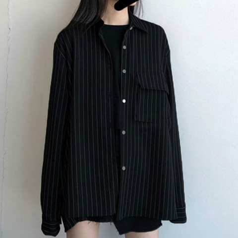 Deeptown Vintage Shirts Women Autumn Korean Style Fashion Tops BF Long Sleeve Loose Stripe Print Button Up Shirt Black Blouse ► Photo 1/6