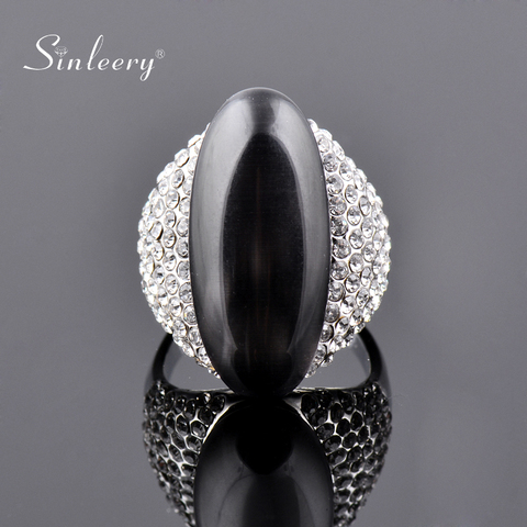 SINLEERY Vintage Big Black Opal Stone Shuttle Rings For Women Size 6 7 8 9 10 Silver Color Ring Wedding Party Jewelry JZ512 ► Photo 1/6
