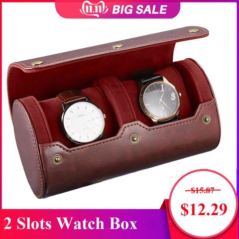 NICERIO Travel Watch Case PU Leather Watch Box 2 Slots Watch Storage Organizer Bracket Holder for Travel Business Trip (Brown) ► Photo 1/6