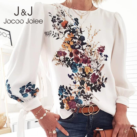 Jocoo Jolee Women Elegant Puff Sleeve Bow Tie Shirt Floral Print O-neck Women Blouse Ladies Chic Tops Loose Chiffon Blouse Blusa ► Photo 1/6