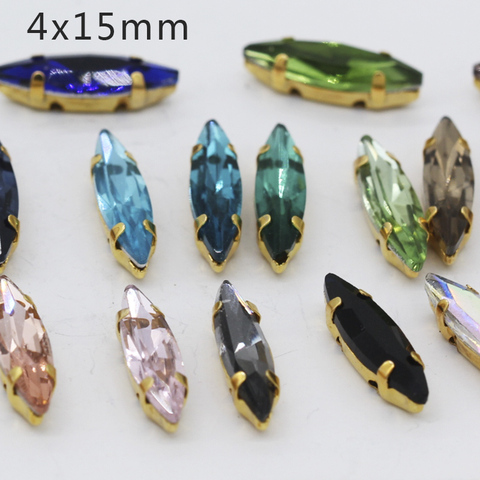 24-Color 4x15mm Navette Horse Eye Sew on Golden 4 Claw Button Rhinestone Crystal For Garment Jewelry wedding dress Shoe Bag Diy ► Photo 1/6