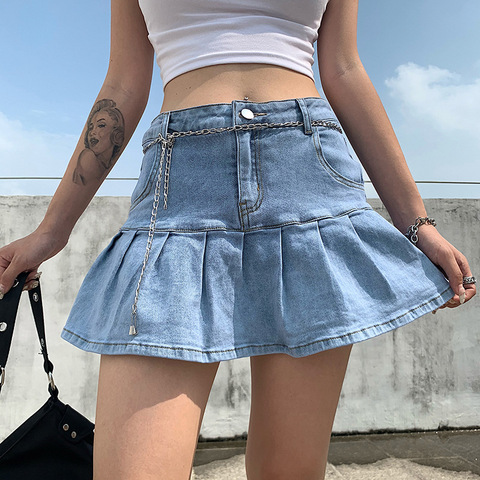 y2k Pink Denim Pleated Skirts Mini Solid Casual Woman Fashion Korean Style High Waist Skirt with Lined Hot Club Party Girls 2022 ► Photo 1/6