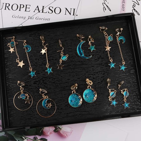 Korea Style Asymmetrical Fresh Enamel Blue Star Moon Planet  Circle Clip on Earrings Non Pierced For Girl Women Party Gift ► Photo 1/6