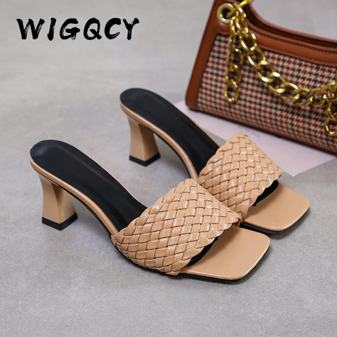 New Square High Heels Slippers Summer Women Square Toe Sandals Ladies Pu Leather Plaid Outside Female Fashion Woman Shoes Mules ► Photo 1/6