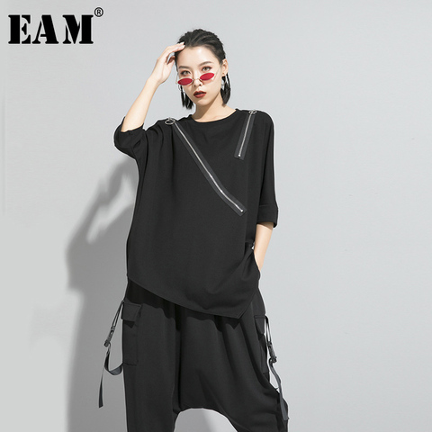 [EAM] Women Black Asymmetrical Sittch Big Size T-shirt New Round Neck Long Sleeve  Fashion Tide  Spring Autumn 2022 1S185 ► Photo 1/6