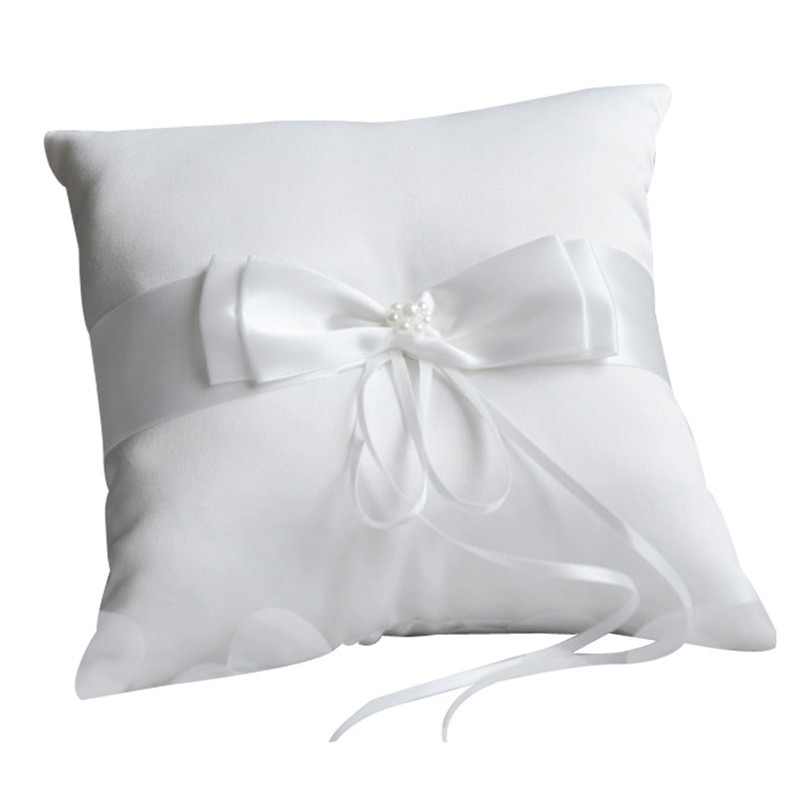 Wedding Ring Pillow 20 x 20cm Double Heart Rhinestones Decor Satin Bridal Cushion with Ribbons Wedding Decor Supplies