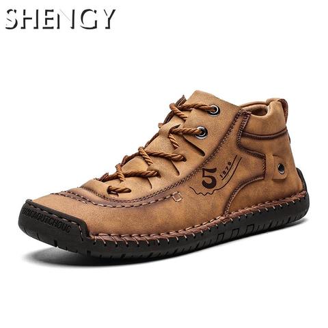 SHENGY Men Shoes Winter Sneakers Medium-cut Boots Male Vintage Leather Handmade Boots Men's Sneakers Retro Frosty Boots Big Size ► Photo 1/6