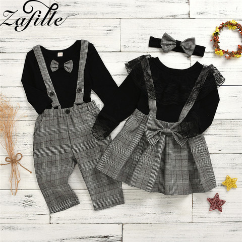 ZAFILLE 2Pcs  Brother and Sister Clothing Baby Boy Romper Set Top+Overalls With Bow Tie Toddler Girl Outfits Kids Clothes Girls ► Photo 1/6