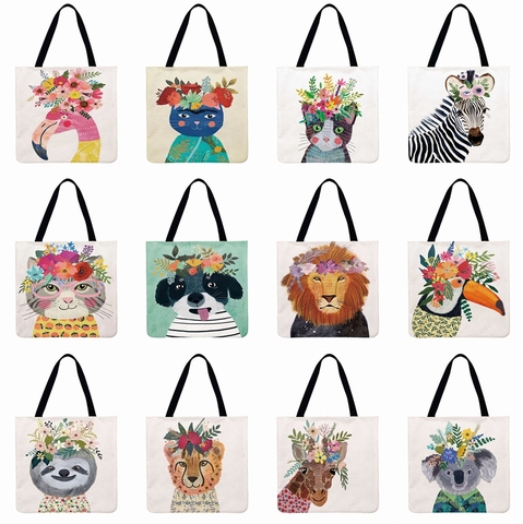 Women Shoulder Bag  Linen Febric Casual Tote Cute Animal In Flower Printied Tote Bag   Foldable Shopping Bag Reusable Beach Bag ► Photo 1/6