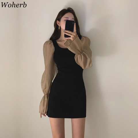 Price History Review On Woherb Women Dress New Korean Clothes Puff Less Square Collar Slim Fit Vestidos Sweet Solid Robe High Waist Mini Dresses 92667 Aliexpress Seller Woherb Official