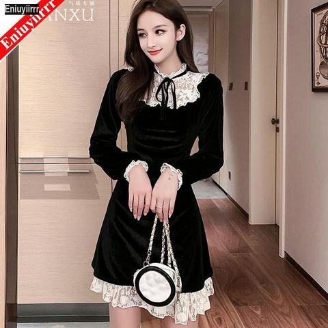 Christmas Velvet Dress Women 2022 Autumn Winter Stand Collar Patchwork Vintage Lace A Line Party Short Flared Dresses ► Photo 1/6