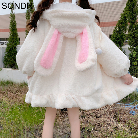 Zip Up Jacket Jacket Women Lolita Teddy Rabbit Ears Hooded Soft Girl Ruffle Faux Wool Coat Lambswool Plus Cotton Thick Outer New ► Photo 1/6