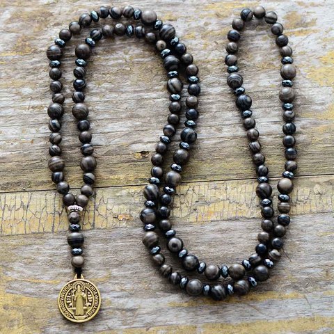 Mens Necklace Quality Natural Stone with Jesus Pendant Mens Rosary Necklace Best Friend Hematite Necklace Mens jewelry ► Photo 1/5