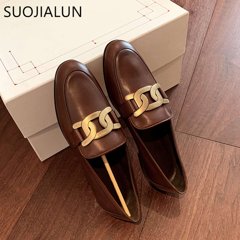 SUOJIALUN Women Flat Shoes Spring Fashion Brand Chain Women Slip On  Loafers Shoes Flat Heel Casual British Style Oxford Shoes ► Photo 1/6