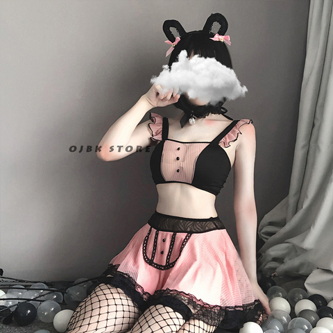 OJBK New Sexy Maid Cosplay Costumes Perspective Lingerie Underwear Pink Classical Erotic Lace Outfit DDLG Porno Suit For Women ► Photo 1/6