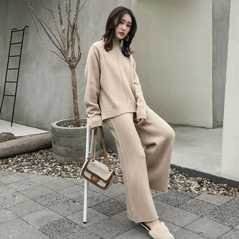 2022 Autumn Winter Thick Knitted Two pieces Set Women Warm Half Turtleneck Pullover Sweater+Wide leg Pants Warm Sweater Suit ► Photo 1/6