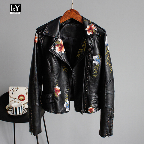 Ly Varey Lin Floral Print Embroidery Faux Soft Leather Jacket Women Pu Motorcycle Coat Female Black Punk Zipper Rivet Outerwear ► Photo 1/6