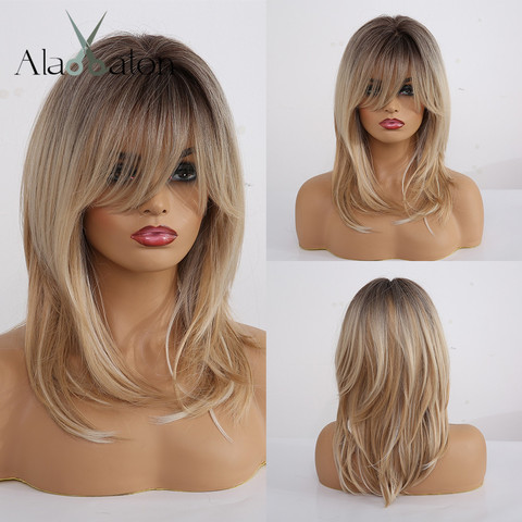 ALAN EATON Synthetic Wigs Long Straight Layered Hairstyle Ombre Black Brown Blonde Gray Ash Full Wigs with Bangs for Black Women ► Photo 1/6