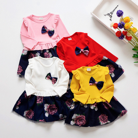 1 to 6 Yrs Spring Autumn Toddler Girl Dress Long Sleeve Toddler Dress Floral Bow Kids Dresses for Girls Fashion Girls Clothing ► Photo 1/6