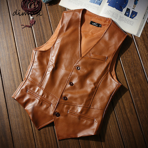 DIMUSI Autumn Men's Vests Coats Fashion PU Leather Sleeveless Jackets Casual Outwear Biker Leather Waistcoats Mens Clothing ► Photo 1/6