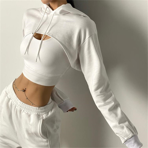 Women Fitness Crop Top Cotton Sports Shirts Long Sleeves Hoodie