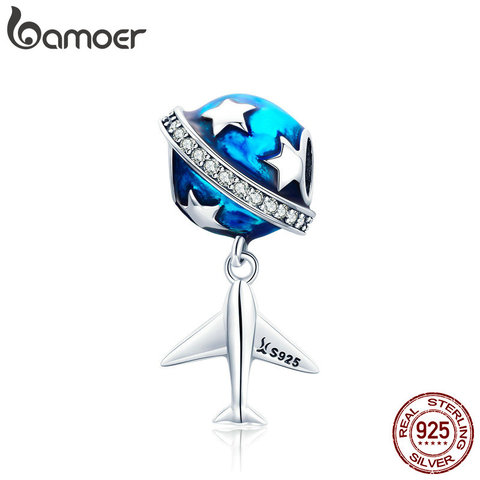 BAMOER Real 925 Sterling Silver Sparkling Star And Plane Dream Clear CZ Blue Enamel Charms fit Bracelets DIY Jewelry SCC887 ► Photo 1/6