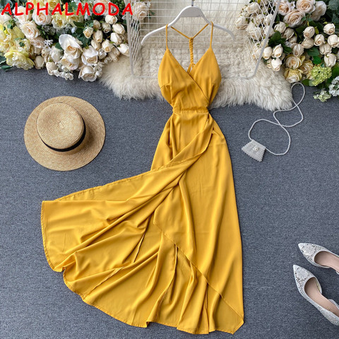 ALPHALMODA 2022 Summer Women Fashion Beach Dress V Neck Backless High Waist Irregular Sling Dress Solid Chiffon Mid-calf Dress ► Photo 1/6