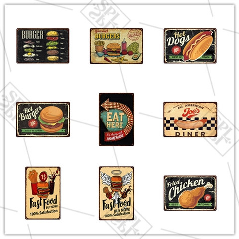 Eat Here Fast Food Restaurant Guide Sign Hamburger Hot Dog Vintage Metal Sign Kitchen Wall Decoration Wall Sticker Tin Plate ► Photo 1/6