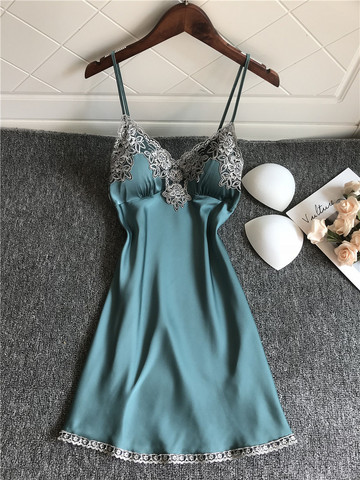 Womens Nightdress Lace Strap Sleep Dress Sleepwear Home Wear Nightgown With  Chest Pad Night Gown Summer Casual Robe Ni size S Color Blue