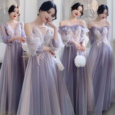 New Purple Bridesmaid Party Dresses 2022 Long Elegant Tulle With Sleeves A-line Mismatched Prom dress Formal Party Wedding ► Photo 1/5