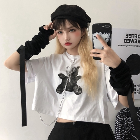 Women Gothic Crop Top T Shirt Ulzzang Korean Style Tshirt Short Tee Harajuku Summer Clothes Sexy Goth Punk Clothing Croptop ► Photo 1/6