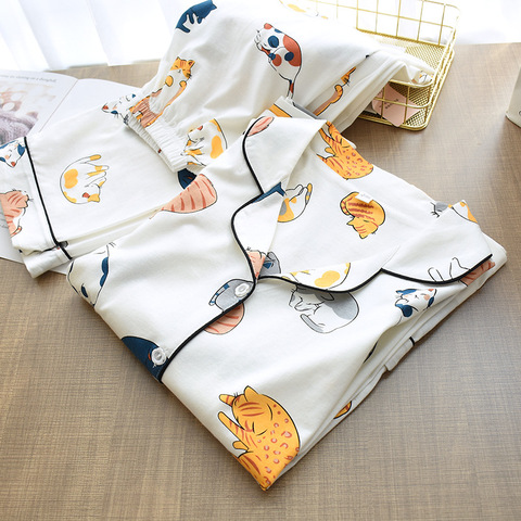 100% Cotton Pajamas For Women 2022 Cute Cat Print Cartoon Home Clothes 2Pcs Set Sleepwear Female Tops+Pants Nighties Pijama Suit ► Photo 1/6
