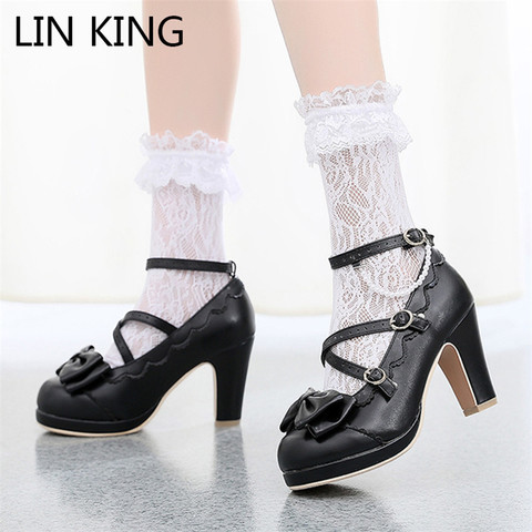 LIN KING Big Size Spring Lolita Girl Candy Color Comfortable Shoes Bowtie Cross Straps Waterproof High-heel Cosplay Women Shoes ► Photo 1/6