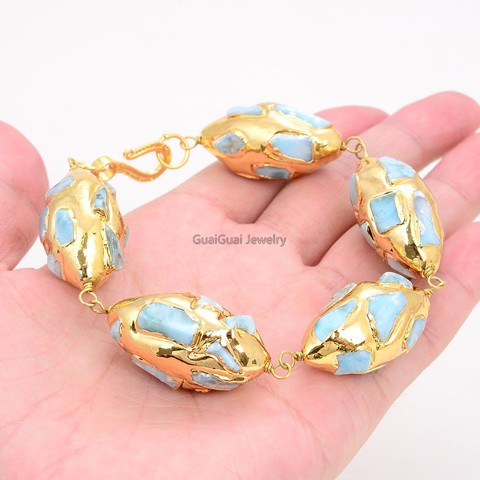 GuaiGuai Jewelry Natural Stone Natural Blue Larimar Gold Color Plated Olive shape Bracelet ► Photo 1/6