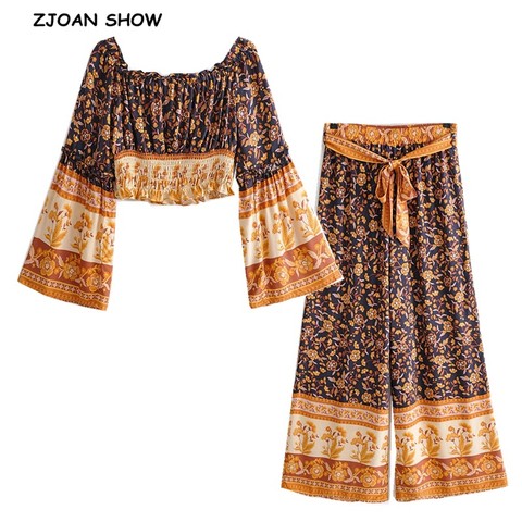 New Bohemian Ruched Elastic Slash neck floral Print Pullover Shirt Brown 2022 Women Tide Bow Elastic Waist Pants 2 Pieces Set ► Photo 1/6