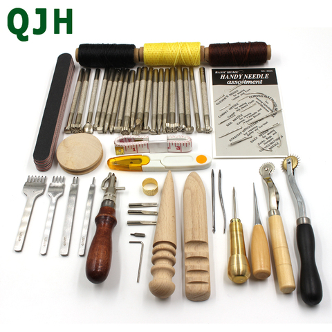 QJH Professional Handmade Leather Craft Tools Kit Thread Awl Waxed Thimble Kit For Hand Stitching Sewing Stamping DIY Tool Set ► Photo 1/6