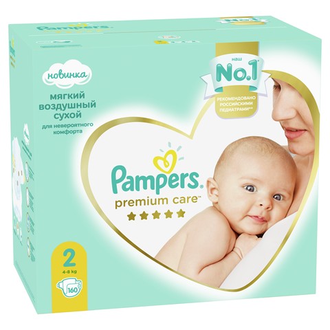 Diapers Pampers Premium Care 4-8 kg, size 2, 160 pcs. ► Photo 1/5
