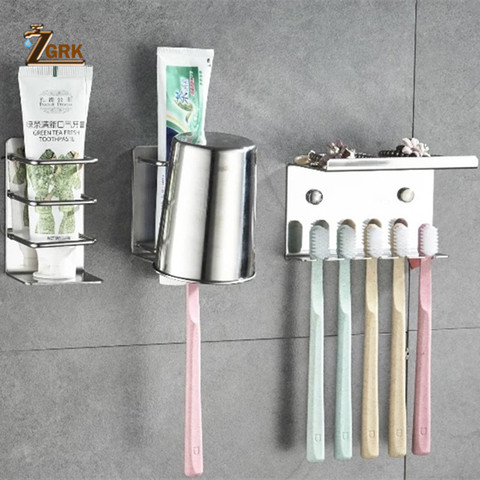 ZGRK Toothbrush Holder Stainless Steel Wall Mounted Bathroom Storage Rack Multi-Purpose Toothpaste Rack Bath Hardware Holder ► Photo 1/6