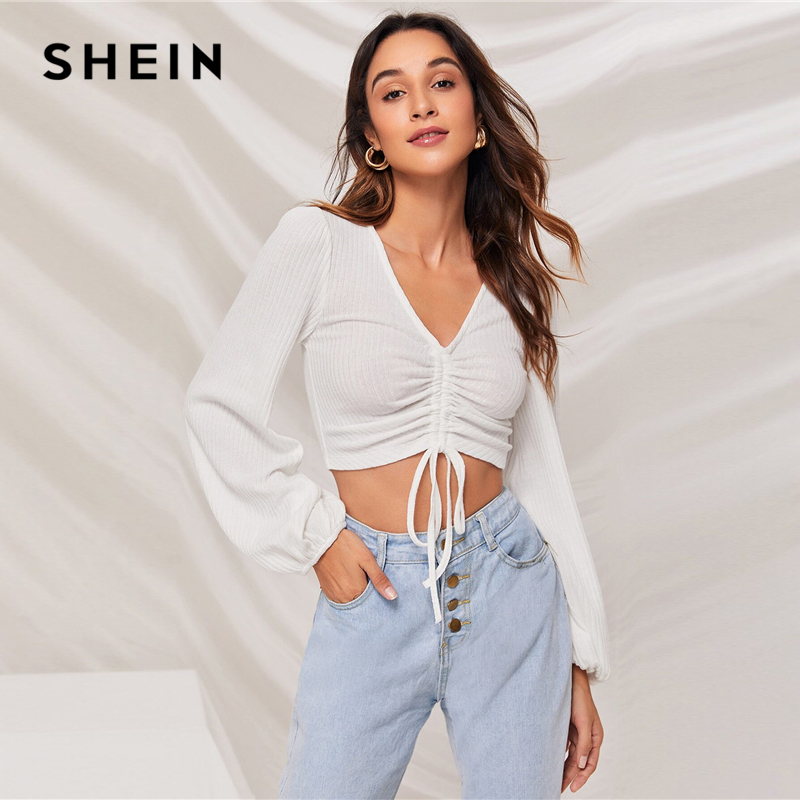 SheIn Womens V Neck Short Sleeve Drawstring Front Solid Crop Tops