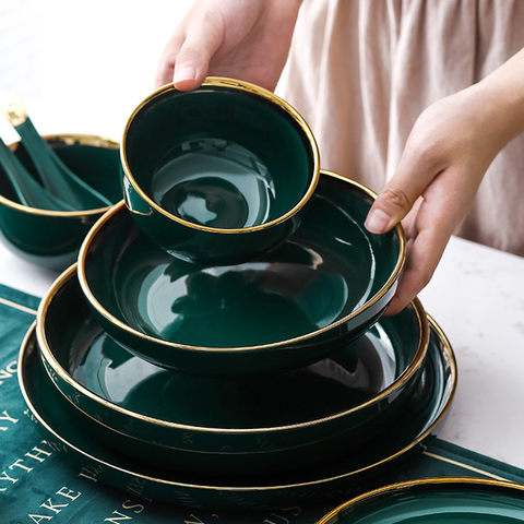 Green Ceramic Gold Inlay Plate Steak Food Plate Nordic Style Tableware Bowl Dessert Dish  Dinner Dish Dinnerware Set ► Photo 1/6